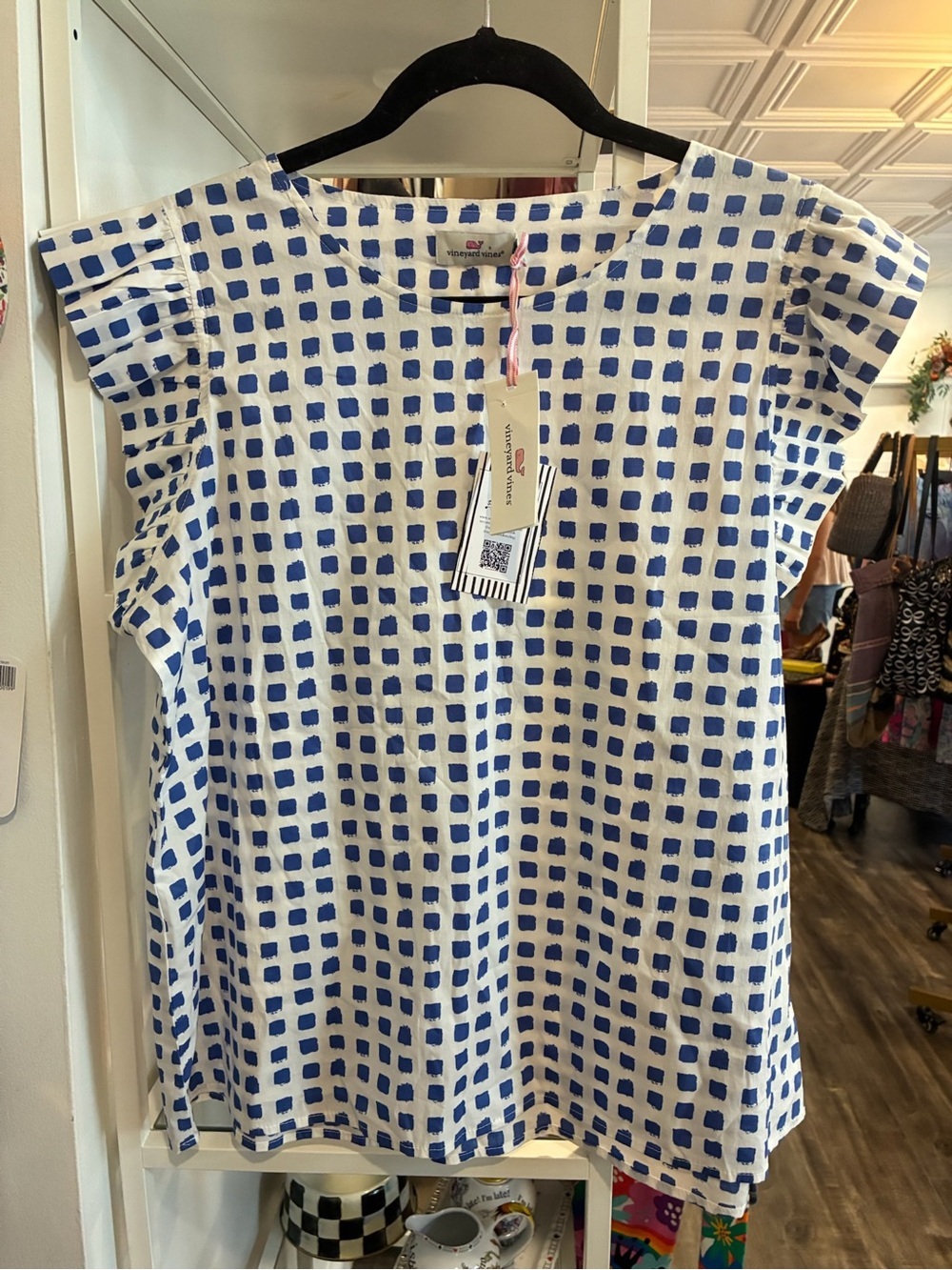 Vineyard Vines White Top with Bold Blue Square Print NWT